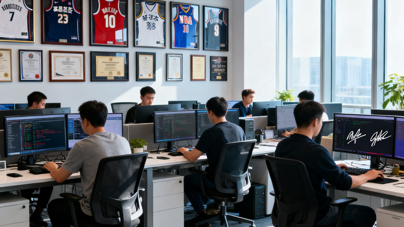 斗球直播办公总部实景，开放式办公区内数十名技术员工在显示屏前专注工作，墙面上挂满各大联赛官方授权证书和球星签名球衣，阳光透过落地窗洒入室内